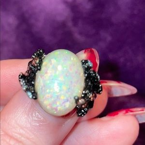 Black rhodium over sterling silver 925 faux Opal with rhinestone flower designs